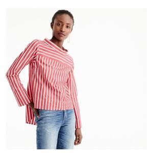 J.Crew Red White Stripe Cotton Popover Blouse Long Sleeve Shoulder Buttons Top